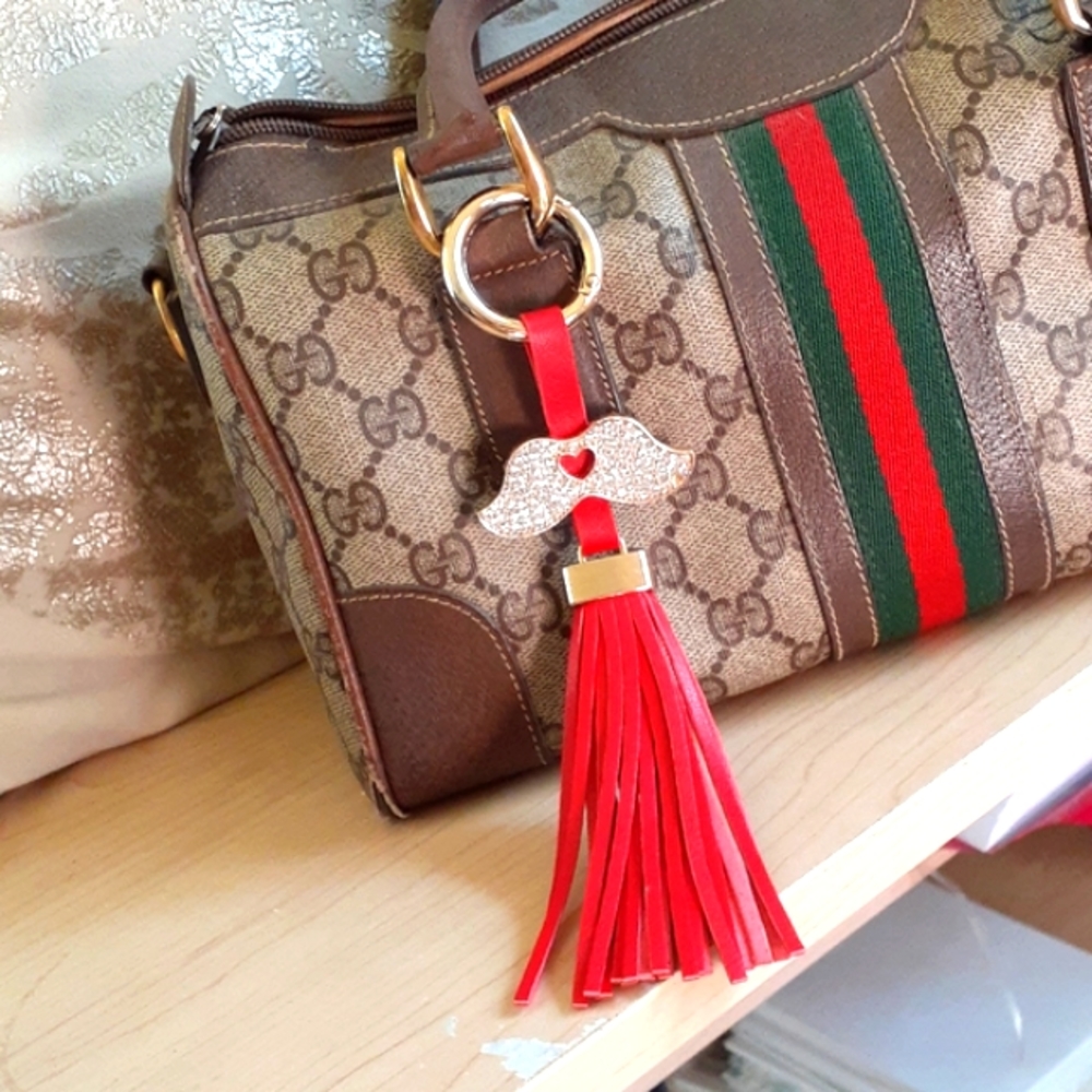 BAG CHARM TASSEL Crystal Mustache Key Chain Bag Charm RED - GREAT GIFT IDEA!!